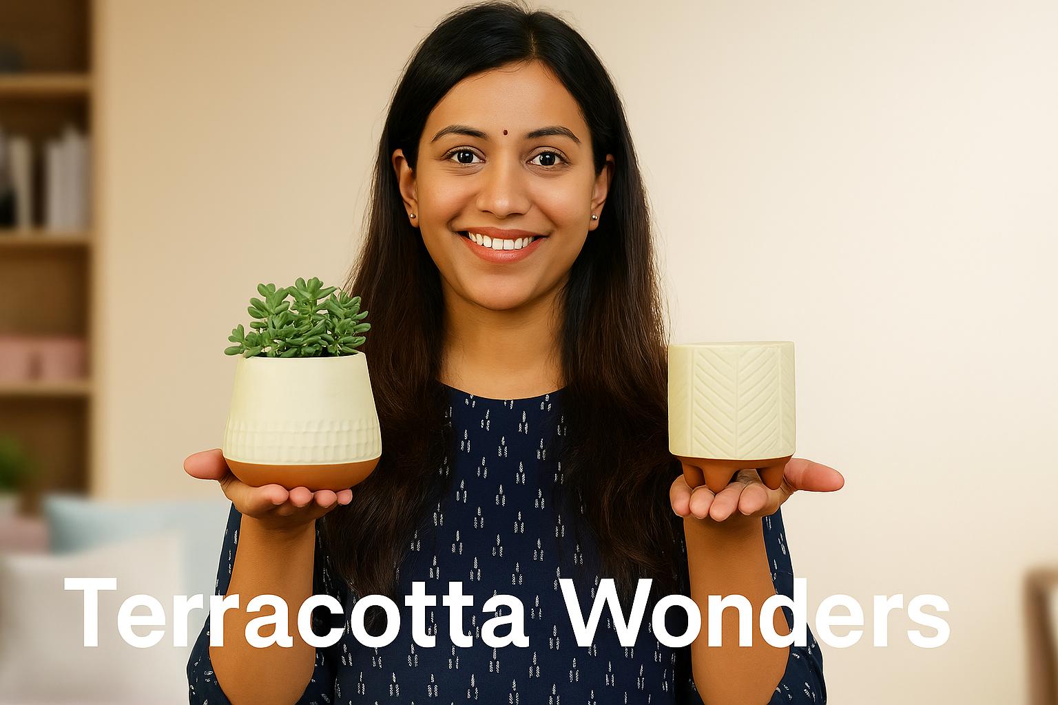 Smiling Indian woman holding two handcrafted terracotta planters, promoting sustainable home gardening in a cozy indoor setting.